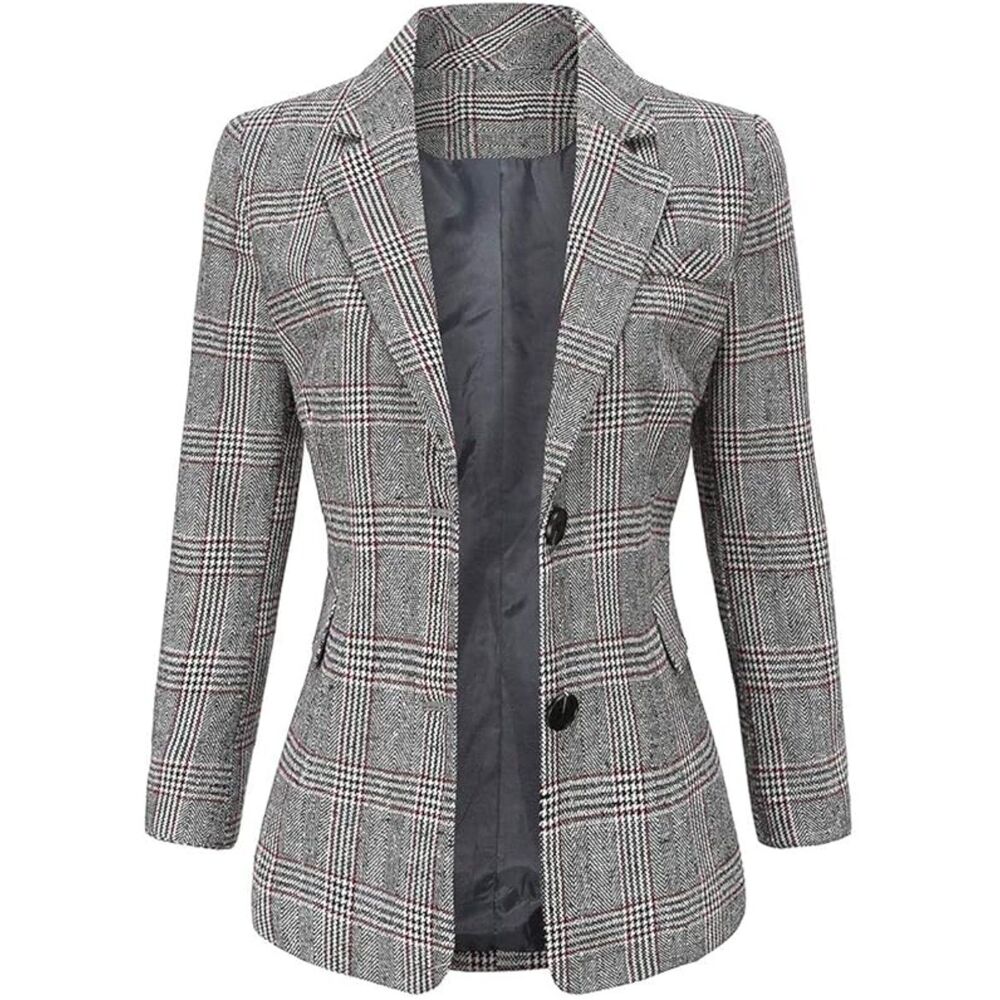 ebossy Women's Houndstooth Plaid Boyfriend Blazer - Notch Lapel Suit Coat - XS - Picture 1 of 5